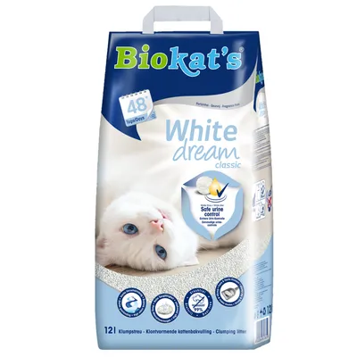 Biokat's White Dream Classic Klumpstreu, 12L, mit Side Urine Control für geruchsbindende Kontrolle, geeignet für bis zu 48 Tage. Enthält feine weisse Körnung und antibakterielle Wirkung.