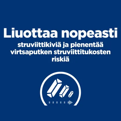 Liuottaa nopeasti struviittikiviä ja pienentää virtsaputken struviittitukosten riskiä