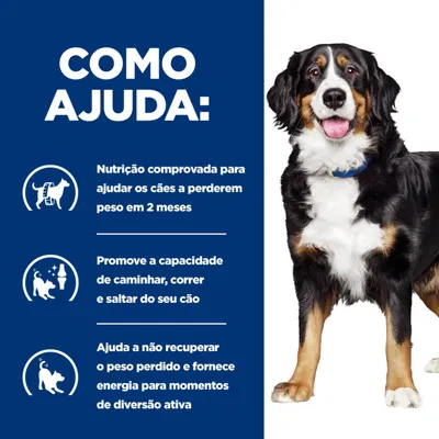 Texto: Como ajuda. Nutrição comprovada para ajudar os cães a perderem peso em 2 meses. Promove a capacidade de caminhar, correr e saltar do seu cão. Ajuda a não recuperar o peso perdido e fornece energia.