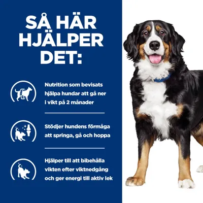 Så här hjälper det: Nutrition som bevisats hjälpa hundar att gå ner i vikt på 2 månader. Stödjer hundens förmåga att springa, gå och hoppa. Hjälper till att bibehålla vikten efter viktnedgång.