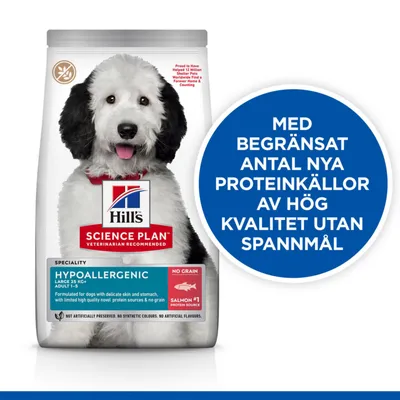 Hill's Science Plan Hypoallergenic hundfoder, text: Med begränsat antal nya proteinkällor av hög kvalitet utan spannmål. No grain, salmon #1 protein source synligt på förpackningen.