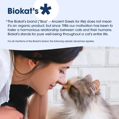 Biokat’s: Mærket står for kattes velbefindende, ikke et økologisk produkt. Siden 1986 har det fremmet forholdet mellem katte og mennesker. Stjernehenvisningen gælder for alle mærkenavne. Biokat’s: Mærket står for kattes velbefindende, ikke et økologisk produkt. Siden 1986 har det fremmet forholdet mellem katte og mennesker. Stjernehenvisningen gælder for alle mærkenavne.