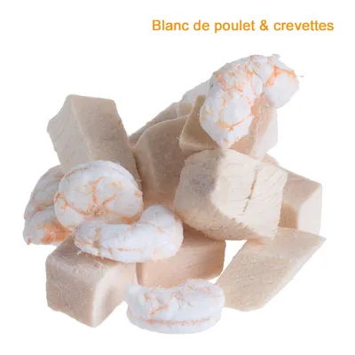 Morceaux de blanc de poulet et crevettes lyophilisés, texte visible : Blanc de poulet & crevettes