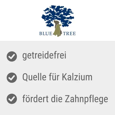 Blue Tree. Getreidefrei, Quelle für Kalzium, fördert die Zahnpflege.