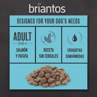 briantos. Designed for your dog's needs. Adult rich in salmón y patata. Receta sin cereales. Croquetas semihúmedas. Texto em espanhol.