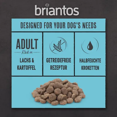 Briantos Adult Hundefutter, reich an Lachs und Kartoffel, getreidefreie Rezeptur, halbfeuchte Kroketten. Designed for your dog's needs.