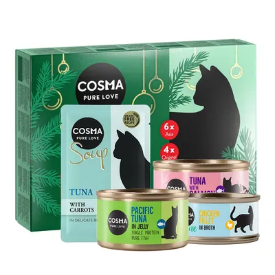 Cosma Pure Love. Katzennahrung-Set mit Suppen und Dosen: Tuna mit Karotten, Pacific Tuna in Jelly, Chicken Fillet in Broth. 6x Asia, 4x Original. Grain Free Recipe.