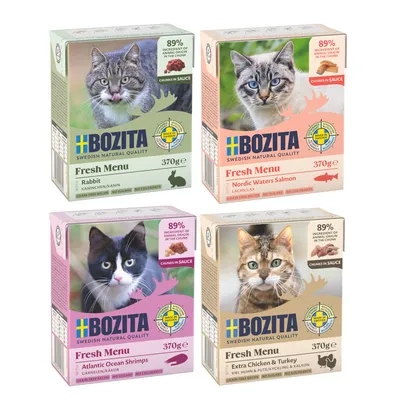 Bozita Fresh Menu aliment pour chats, variétés : lapin, saumon, crevettes, poulet et dinde. Pack de 370g, 89% d’ingrédients d’origine, morceaux en sauce, sans sucre, sans colorants.