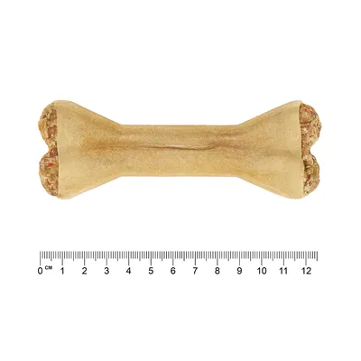 Tyggeben med fyld, længde ca. 12 cm, centimeter-skala synlig.