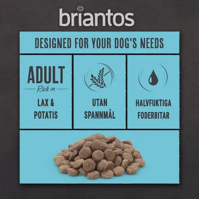 briantos hundfoder, text: Designed for your dog's needs. Adult rich in lax & potatis, utan spannmål, halvfuktiga foderbitar. Bild på bruna foderbitar.