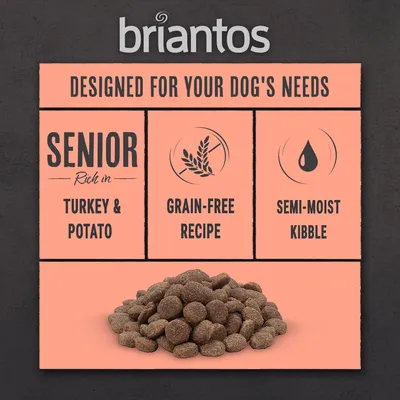 Senior food rich in turkey and potato, grain-free recipe, semi-moist kibble. Designed for your dog's needs. Image shows brown kibble pieces.