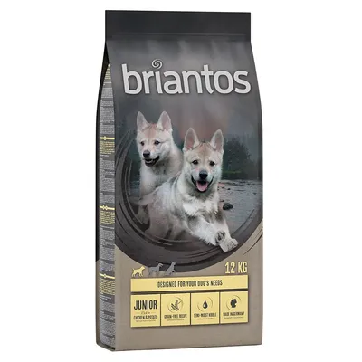 Confezione Briantos Junior 12 kg, visibili scritte: 'Designed for your dog's needs', 'Chicken & Potato', 'Grain-free recipe', 'Semi-moist kibble', 'Made in Germany'.