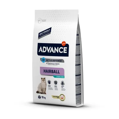 Sacchetto da 10 kg di crocchette per gatti Advance Hairball Sterilized, con marchio Affinity, Active Defense, indicazioni su controllo del peso, cura urinaria e proteine 37%.