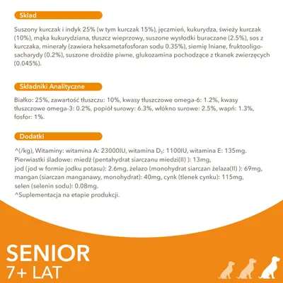 Skład, składniki analityczne i dodatki karmy dla psów seniorów 7+ lat: kurczak, indyk, zboża, witaminy A, D₃, E, minerały, białko 25%, tłuszcz 10%, omega-6 1.2%, omega-3 0.2%.