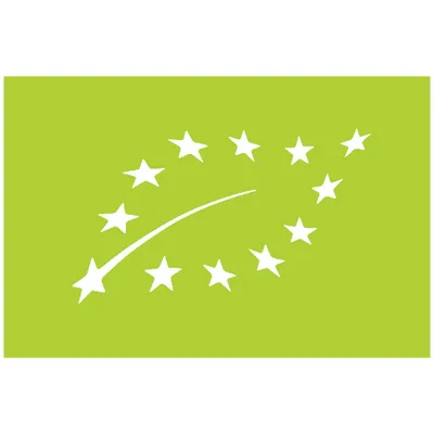 EU Organic – grøn baggrund med hvide stjerner i form af et blad. Tekst ikke synlig.