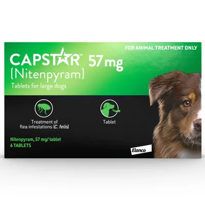 Capstar Nitenpyram 57mg tablets for large dogs, treatment of flea infestations (C. felis), pack contains 6 tablets, for animal treatment only.