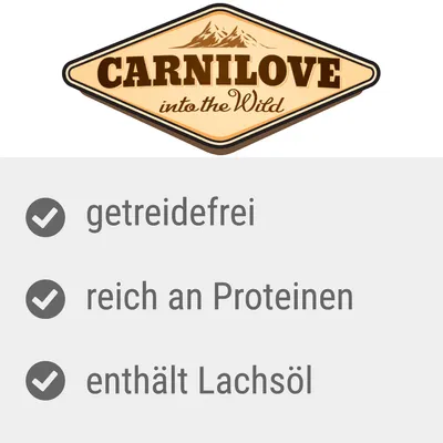 Carnilove into the Wild. Texto em alemão: getreidefrei, reich an Proteinen, enthält Lachsöl.