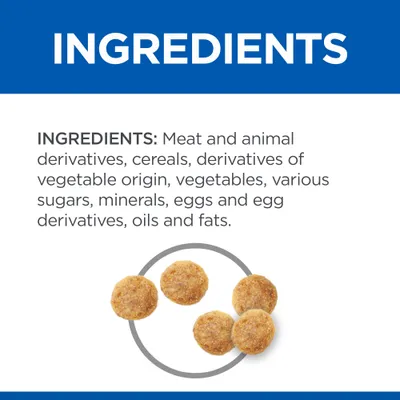 Ingredients: meat and animal derivatives, cereals, derivatives of vegetable origin, vegetables, various sugars, minerals, eggs and egg derivatives, oils and fats.