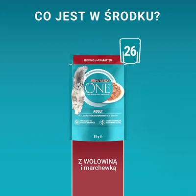 Purina ONE Adult 85 g z wołowiną i marchewką, opakowanie z kotem. Widoczny napis: Z WOŁOWINĄ i marchewką oraz liczba 26 na ikonie saszetki.