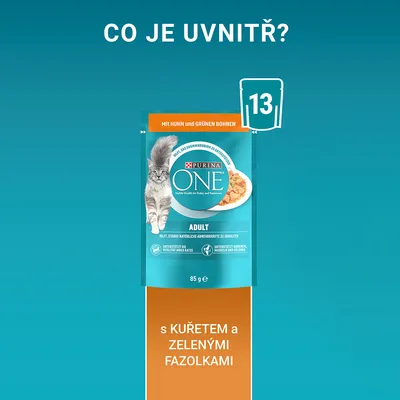 Purina ONE Adult kapsička pre mačky, 85 g, s kuraťom a zelenými fazuľkami. Text: s KUŘETEM a ZELENÝMI FAZOLKAMI. Balenie obsahuje 13 kusov.