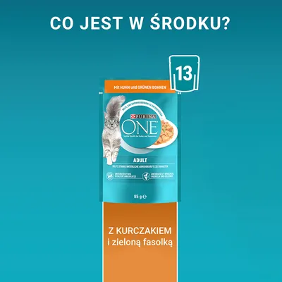 Purina ONE Adult, 85 g, z kurczakiem i zieloną fasolką. Na opakowaniu kot oraz tekst: Mit Huhn und grünen Bohnen. Widoczna liczba 13 na ikonie saszetki.