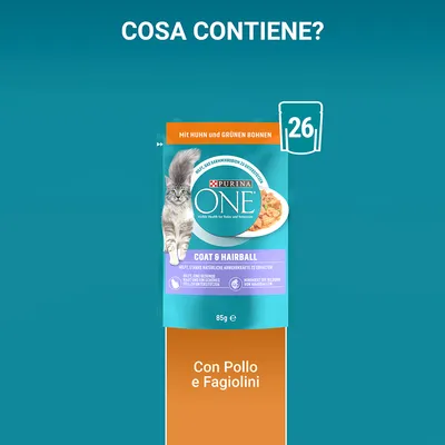 Purina ONE Coat & Hairball 85 g, con pollo e fagiolini. Confezione mostra un gatto e una ciotola di cibo. Testo: Cosa contiene? 26. Mit Huhn und grünen Bohnen.