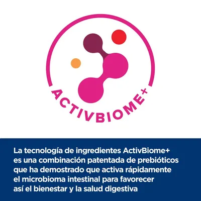 ActivBiome+. La tecnología de ingredientes ActivBiome+ activa rápidamente el microbioma intestinal para favorecer el bienestar y la salud digestiva, combinación patentada de prebióticos.