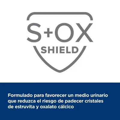 S+OX SHIELD. Formulado para favorecer un medio urinario que reduzca el riesgo de padecer cristales de estruvita y oxalato cálcico.