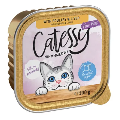 Catessy Fine Paté cu carne de pasăre și ficat, 100g. Fără adaos de zahăr. Ilustrație cu o pisică pe fundal albastru.
