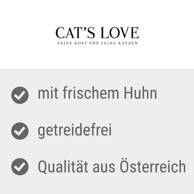 CAT'S LOVE. FEINE KOST FÜR FEINE KATZEN. mit frischem Huhn, getreidefrei, Qualität aus Österreich (текст на немецком языке)