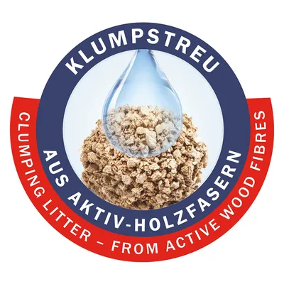 KLUMPSTREU AUS AKTIV-HOLZFASERN, CLUMPING LITTER – FROM ACTIVE WOOD FIBRES. Teksti saksaksi ja englanniksi, kuva paakkuuntuvasta puukuidusta ja vesipisara.