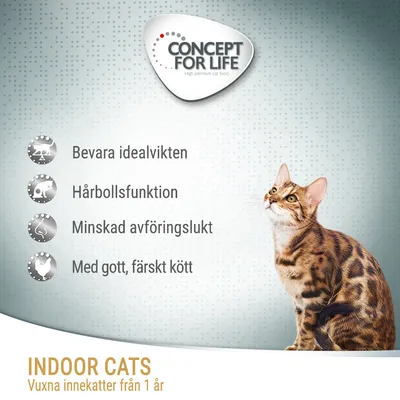 CONCEPT FOR LIFE. Bevara idealvikten, hårbollsfunktion, minskad avföringslukt, med gott färskt kött. INDOOR CATS vuxna innekatter från 1 år.