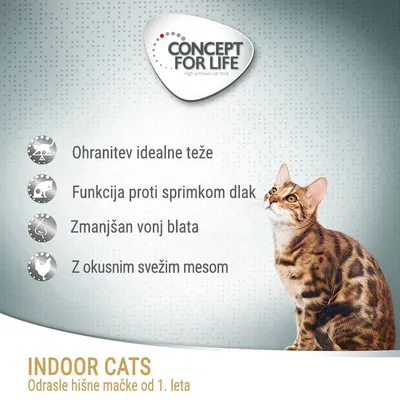CONCEPT FOR LIFE. Ohranjanje idealne teže, funkcija proti sprimkom dlak, zmanjšan vonj blata, z okusnim svežim mesom. INDOOR CATS, odrasle hišne mačke od 1. leta.