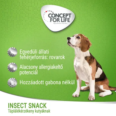 CONCEPT FOR LIFE. Egyedüli állati fehérjeforrás: rovarok. Alacsony allergiakeltő potenciál. Hozzáadott gabona nélkül. INSECT SNACK Táplálékérzékeny kutyáknak.