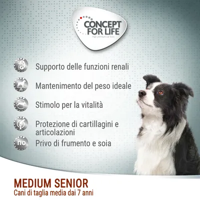 Concept for Life. Supporto delle funzioni renali, mantenimento del peso ideale, stimolo per la vitalità, protezione di cartilagini e articolazioni, privo di frumento e soia. Medium Senior cani di taglia media dai 7 anni.