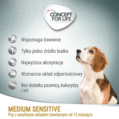 Concept for Life. Wspomaga trawienie, jedno źródło białka, najwyższa akceptacja, wzmacnia odporność, bez pszenicy, kukurydzy i soi. Medium Sensitive – psy z wrażliwym układem trawiennym od 12 miesiąca.