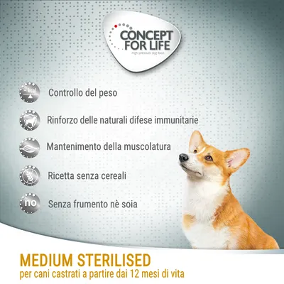 Concept for Life Medium Sterilised per cani castrati da 12 mesi; controllo del peso, difese immunitarie, muscolatura, senza cereali, frumento né soia. Immagine di un cane.