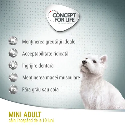 Concept for Life Mini Adult câini începând de la 10 luni. Menținerea greutății ideale, acceptabilitate ridicată, îngrijire dentară, menținerea masei musculare, fără grâu sau soia.