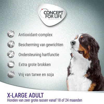 Concept for Life X-Large Adult. Antioxidant-complex, bescherming van gewrichten, ondersteuning hartfunctie, extra grote brokken, vrij van tarwe en soja. Voor zeer grote hondenrassen.