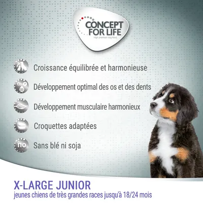 Concept for Life X-Large Junior : croissance équilibrée, développement osseux et musculaire, croquettes adaptées, sans blé ni soja. Pour jeunes chiens très grandes races jusqu’à 18/24 mois.