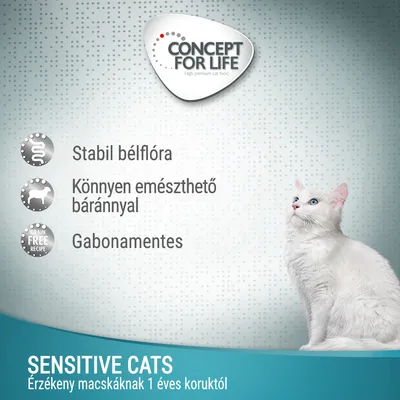 CONCEPT FOR LIFE. Stabil bélflóra, könnyen emészthető báránnyal, gabonamentes. SENSITIVE CATS, érzékeny macskáknak 1 éves kortól.