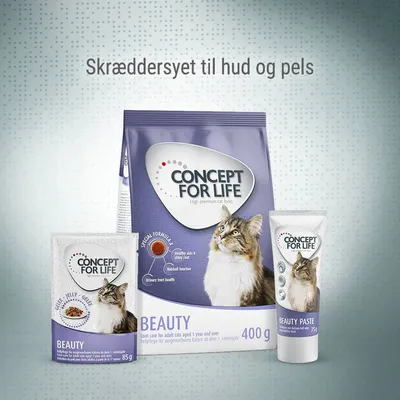 CONCEPT FOR LIFE Beauty kattefoder 400 g, gelé 85 g og Beauty Paste 75 g. Tekst: Skræddersyet til hud og pels. Billede af kat på alle produkter.