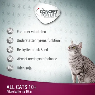 CONCEPT FOR LIFE. Fremmer vitaliteten, understøtter nyrens funktion, beskytter brusk & led, afvejet næringsstofbalance, uden soja. ALL CATS 10+, Ældre katte fra 10 år.