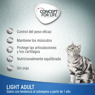 Concept for Life Light Adult. Control del peso eficaz, mantiene los músculos, protege articulaciones y cartílagos, nutricionalmente equilibrada, sin soja. Gatos con sobrepeso desde 1 año.