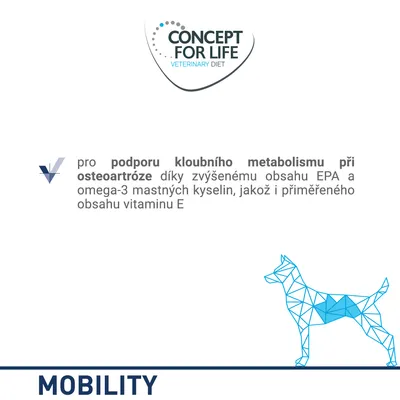 CONCEPT FOR LIFE VETERINARY DIET MOBILITY, pro podporu kloubního metabolismu při osteoartróze díky EPA, omega-3 mastným kyselinám a vitamínu E. Obrázek psa s modrým zvýrazněním kloubů.