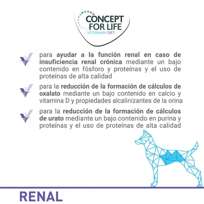 Concept for Life Veterinary Diet. Ayuda a la función renal en insuficiencia renal crónica, reducción de cálculos de oxalato y urato. Renal.
