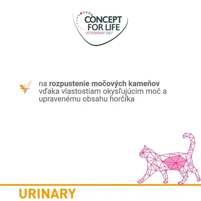 CONCEPT FOR LIFE VETERINARY DIET na rozpustenie močových kameňov vďaka vlastnostiam okysľujúcim moč a upravenému obsahu horčíka. URINARY.