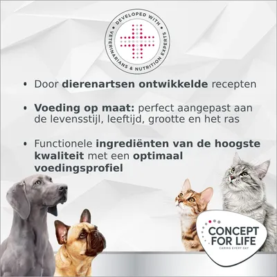 Door dierenartsen ontwikkelde recepten, voeding op maat voor levensstijl, leeftijd, grootte en ras, ingrediënten van de hoogste kwaliteit met optimaal voedingsprofiel. Concept for Life. Door dierenartsen ontwikkelde recepten, voeding op maat voor levensstijl, leeftijd, grootte en ras, ingrediënten van de hoogste kwaliteit met optimaal voedingsprofiel. Concept for Life.