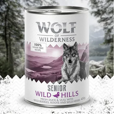 Wolf of Wilderness Senior Wild Hills, ricetta 100% senza cereali, anatra fresca e vitello con frutti di bosco, radici ed erbe selvatiche, lattina da 400g.