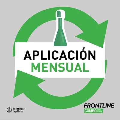 Frontline Combo para gatos. Se recomienda aplicación mensual. Logo de Boehringer Ingelheim visible.